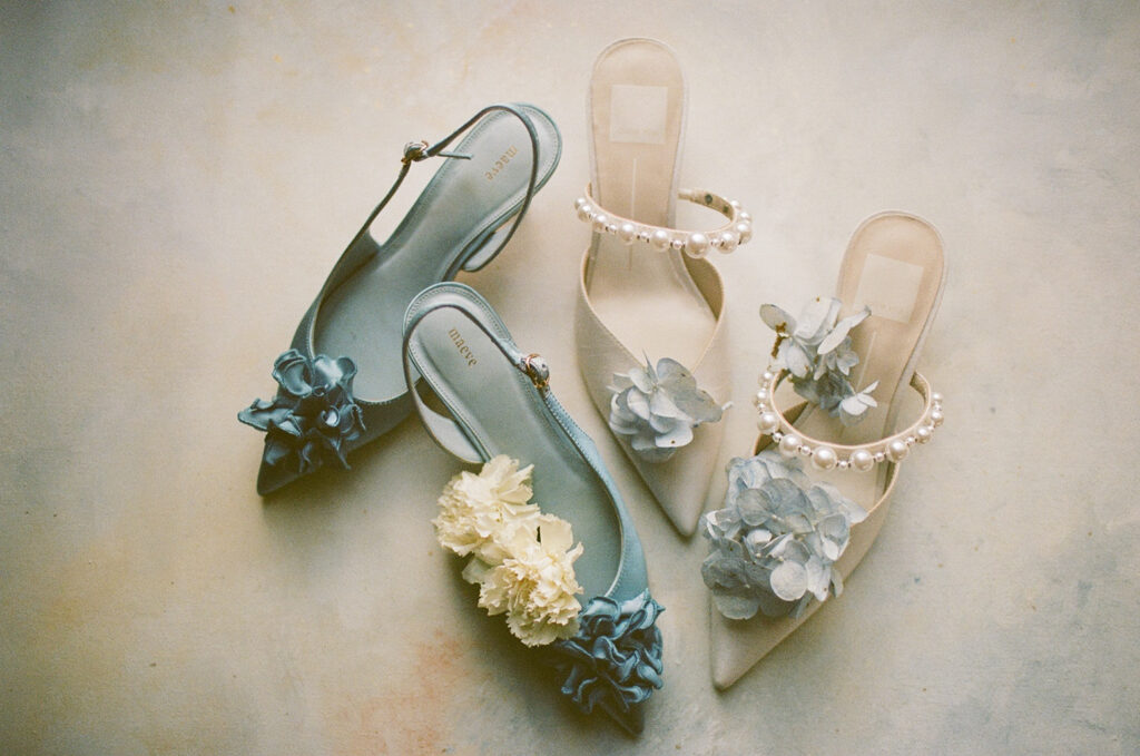 blue and white floral wedding shoes on 35mm film