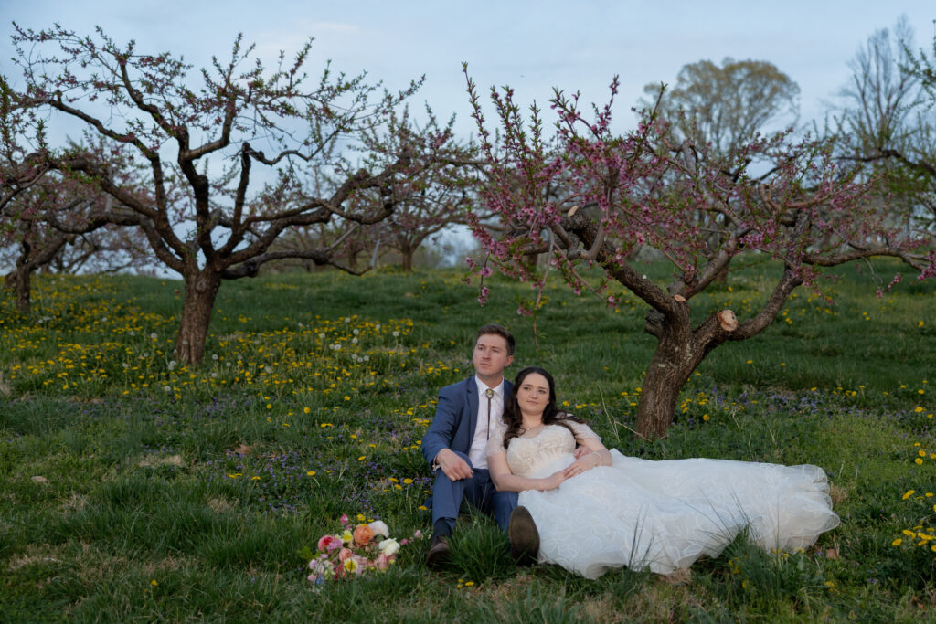 cinematic wedding photography of a couple laying in an orchard